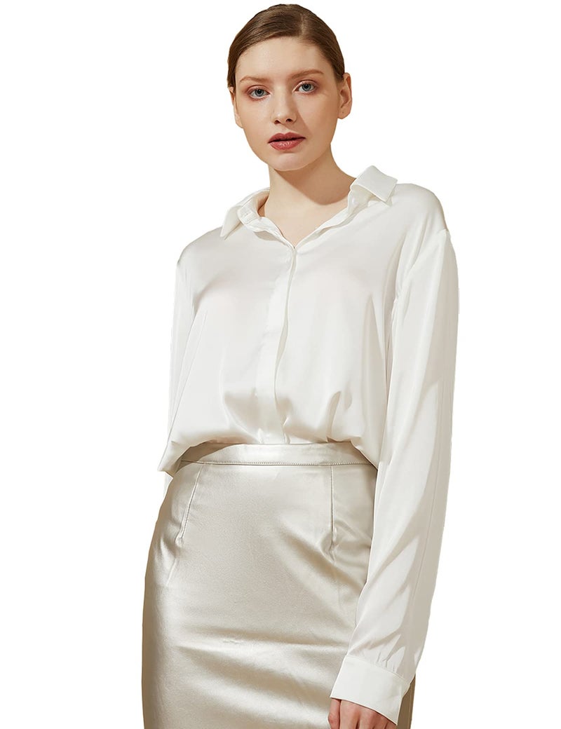 Escalier Women's Satin Silk Long Sleeve Button Down Shirt Casual Work Office Silky Blouse Top White XL - Image 1